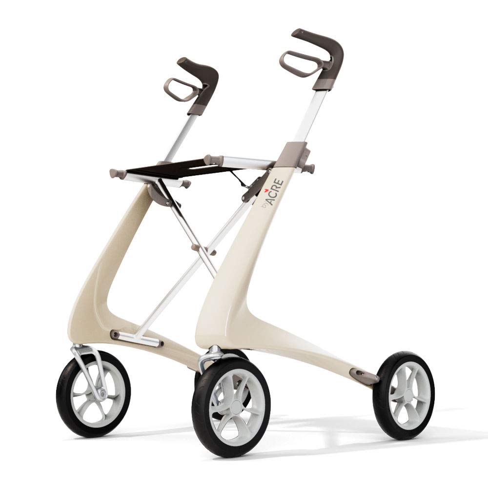 byACRE BYA100MDW Carbon Ultralight Rollator Walker with Organizer Bag, Regular Track, Oyster White